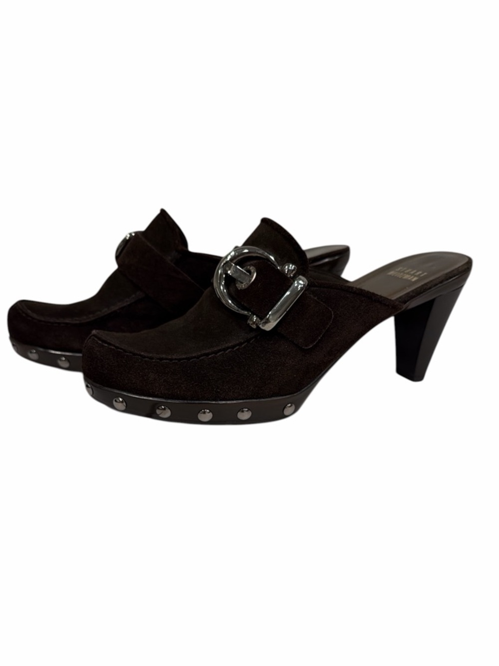 Stuart Weitzman Brown Suede Mule Heels 8 Silver Buckle Clog Slip On 3” Heel - Picture 2 of 9